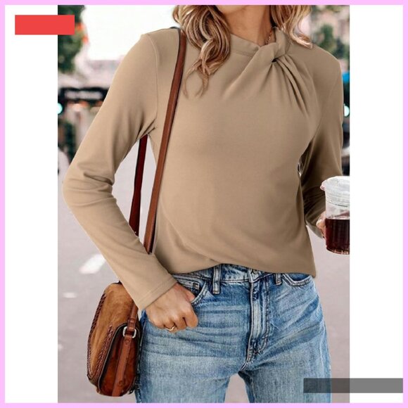 Mock Neck Twist Knot Blouse Long Sleeve Slim Fit Stretch Tee Business Casual - Picture 3 of 4